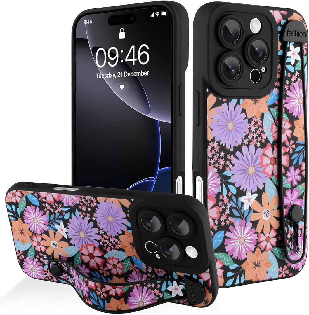 AIGOMARA for iPhone 16 Pro Case with Strap, Cute Floral Silicone, Black | Cute Colorful Floral Flowers Pattern, Soft Silicone Wristband Kickstand Full Camera Protective Cover for Women Girls