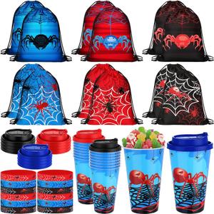 Potchen 48 Pcs Spider Party Favors Spiderweb Birthday Party Supplies Hero Decorations for Guests Including Drawstring Gift Bags Cups and Wristbands for Christmas Birthday Gift Favors (Blue, Red, Black)