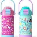Fimibuke Kids Insulated Water Bottle with Pop-Open Straw & Spout 2-in-1 Lid, 14oz Leak Proof 18/8 Stainless Steel Vacuum Tumbler, BPA-Free Kids Cup For Travel School Girls Boys Toddler 2Packs (A3.Rainbow+Mermaid)