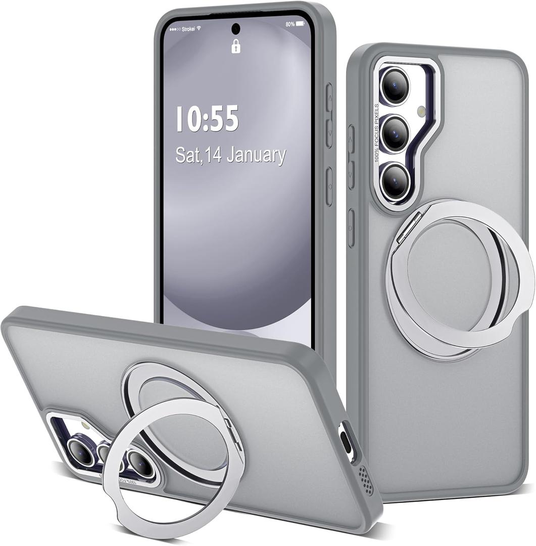for Samsung Galaxy S24 FE Case with 360 Rotatable Magnetic Ring Stand Compatible with Mag-Safe Military Protection Shockproof Matte Translucent Phone Cases for S24 FE,Gray