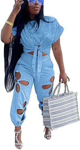 KEYUFANG Women 2 Piece Outfits Set Casual Crop Top Shirt Hollowed Out Sweatpants Women Fashion Tracksuit.2XL