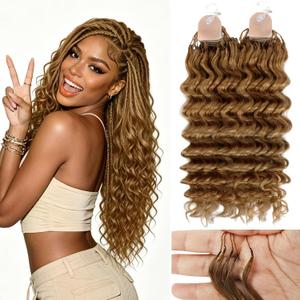 Human Crochet Hair for Black Women 18inch 60g Pre Separated 50 Strands Deep Wave Feather Crochet Human Hair Extensions 27# Invisible Miracle Knots Boho Honey Blonde Crochet Bundles