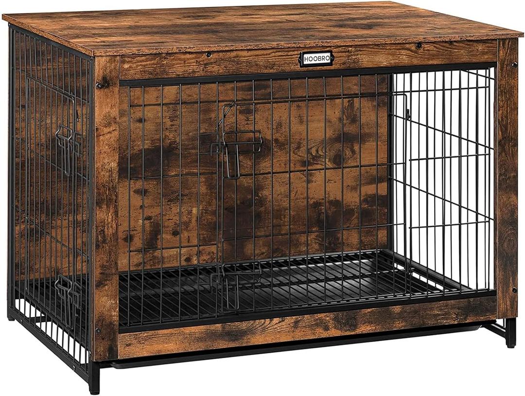 HOOBRO Dog Crate Furniture, 38.6" Large Dog Kennel Indoor, Wooden Cage with Pull-Out Tray, Double Doors Pet House Side End Table for Large/Medium/Small Dogs, Rustic Brown BF982GW03G1