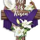 Easter Door Sign He Is Risen Hanging Decor, Religious Gifts For Women, Men, Religious Cross Sign Easter Wreaths for Front Door, Christian Flowers Lent Hanging Hanger for Farmhouse Front Porch Pack of 3