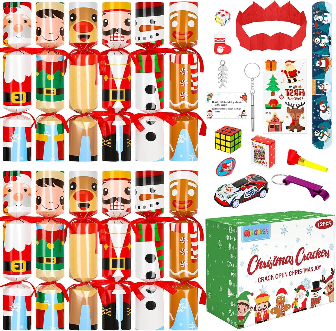 12 Pack Christmas Crackers, No Snap Christmas Party Favors with Six Different Pattern Design, Christmas Poppers with Crown and Joke for Xmas Gifts Holiday Party Favors Supplies Table Decorations