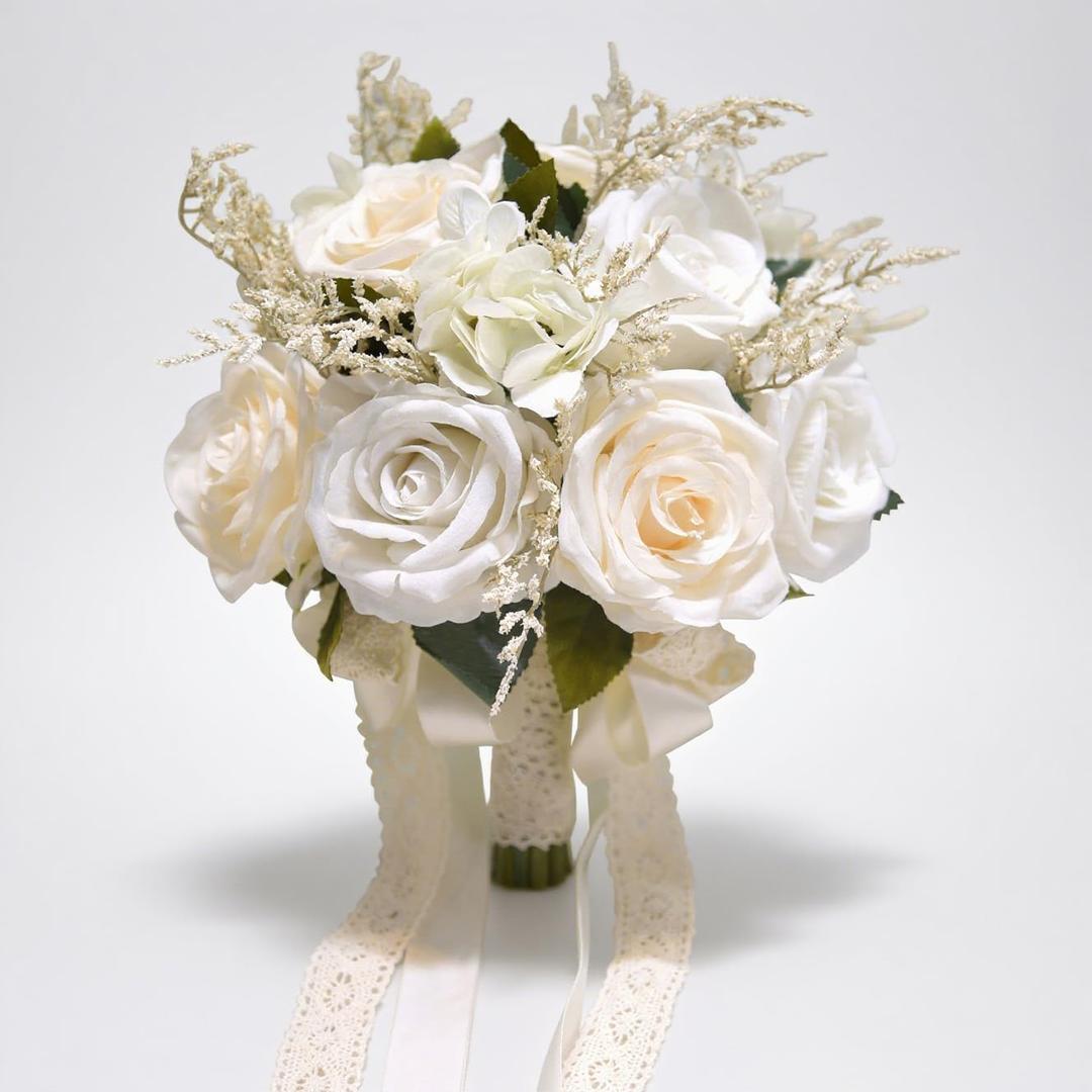 LESING Bridal Wedding Bouquets Artificial Rose Flowers Bouquet Handmade Romantic Wedding Bouquets for Bride Bridesmaid Holding Flowers (Bouquet-Rose White 1)