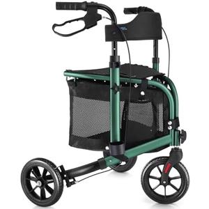 WALK MATE 3 Wheel Rollator Walker with Seat for Slim Seniors, Padded Backrest Lightweight Foldable Walker Ideal for Elderly, 8 Inch Tri-Wheel Modern Mobility Walking Aid Aluminum, Green