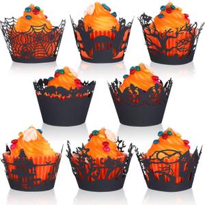 96 Pieces Halloween Cupcake Wrappers Spiderweb Night Castle Cupcake Wrappers Halloween Laser Cut Paper Liners for Wedding Birthday Party Decoration