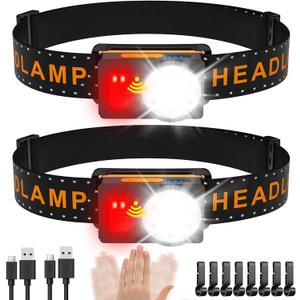 2 x Headlamp Rechargeable, 500 Lumen Super Bright Motion Sensor LED HeadLamp, Headlamp Flashlight with White Red Lights, 6 Modes Lightweight Waterproof Head Lamp for Outdoor Running, Camping Hiking (Y013-2Pack)