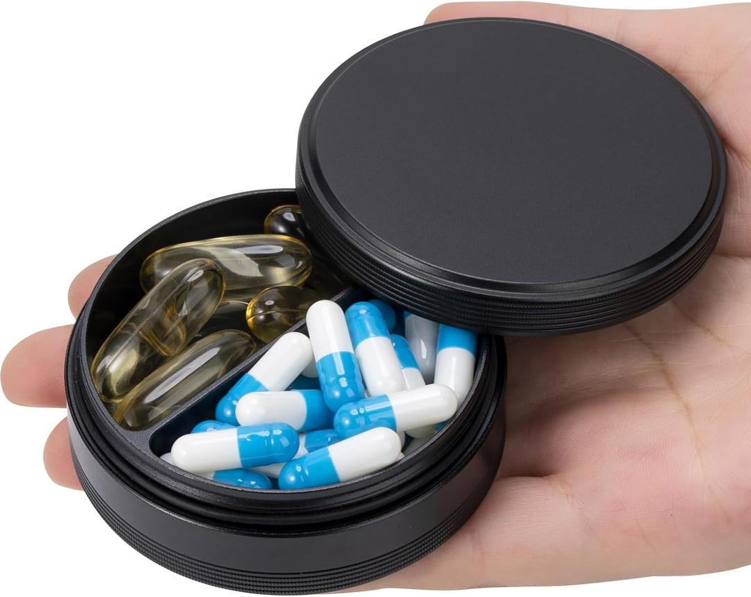 Pill Box 2 Compartment Pill Case - Portable Metal Travel Pill Container for Pocket or Purse, Waterproof Pill Organizer Holder for Medicine Vitamin Fish Oil and Supplements (Black)