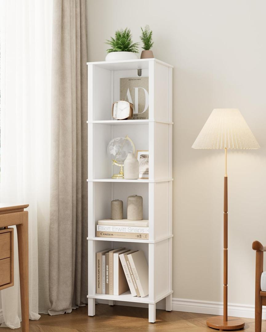 Bookshelf, Modern 4-Tier Bookcase, Open Storage Book Shelf, 11 14.2 50.4 Inches, Small Narrow Bookshelves for Living Room, Home Office, Bedroom, White