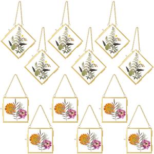 DoubleFill 12 Pcs Hanging Clear Photo Frame Double Glass for Pressed Flower Floating Frame with Chain Display Gallery Artwork Horizontal Vertical Gold Metal Rectangle Wall Decor(4 x 4 Inch)