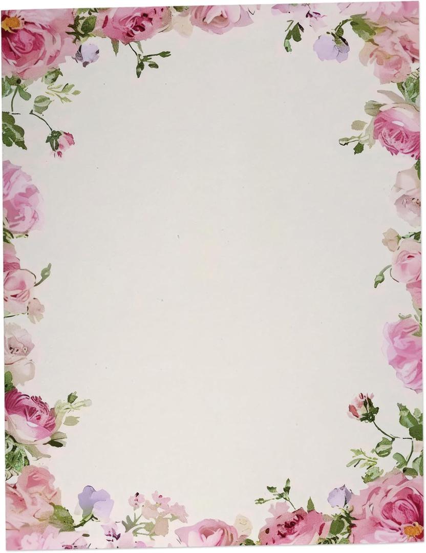 Pink Roses Floral Stationary Paper - 60 Sheets Pretty Letter Paper for Inkjet/Laser Printers