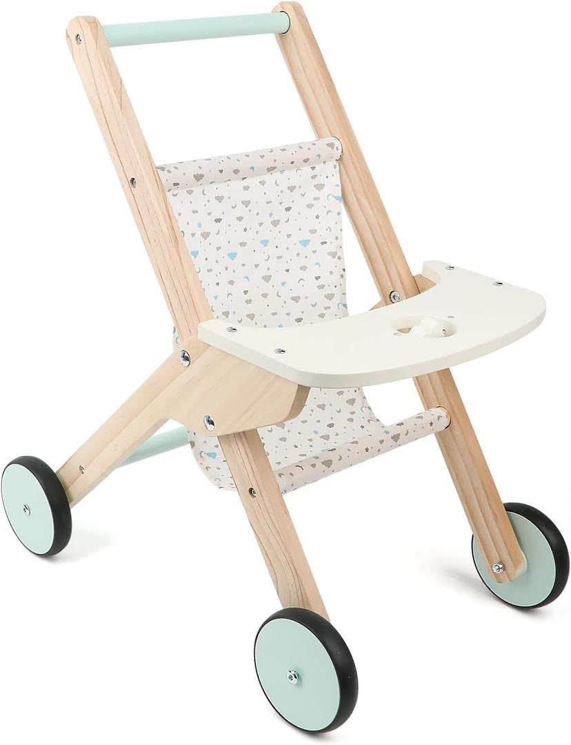 Wooden Baby Walker Doll Stroller, Baby Push Walker, Shopping Cart Learning Walk for Boys and Girls, Wood Push Toys for Toddler Learning to Walk, 11.5x18.2x19.7 inches