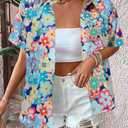 Hawaiian Shirt Woman 60s 70s Outfit Retro Disco Hippie Party Shirts Floral Button Up Short Sleeve Tops (XL)