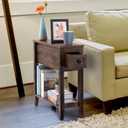 Brown Chairside Narrow End Table, Solid Wood Recliner Side Table with Drawer, Slim Nightstand Bedside Table for Living Room Bedroom