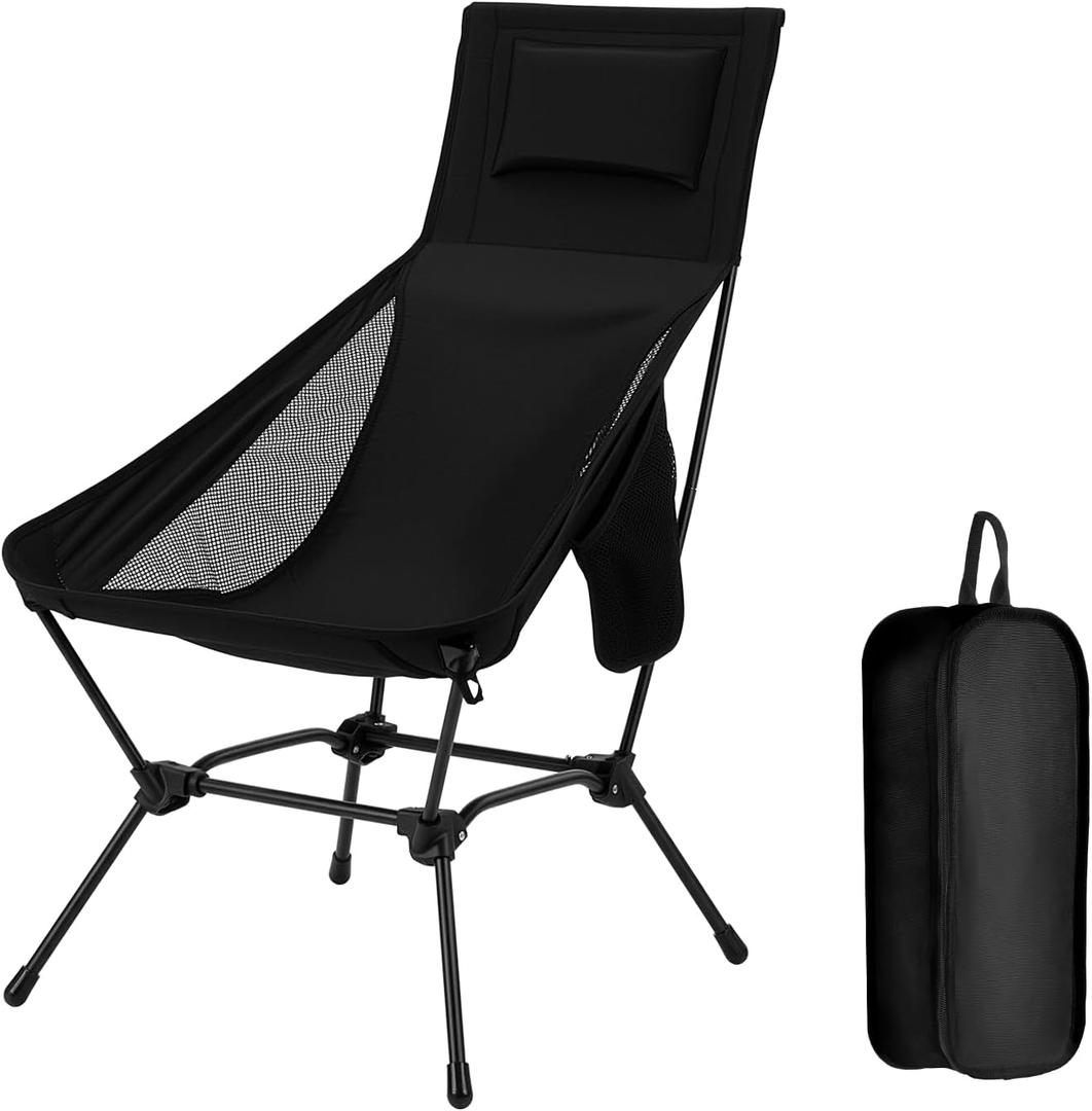 High Back Folding Camping Chair with Pillow, Lightweight Portable Chair for Adults, 2-in-1 Height Adjustment, Deep Recline, Side Pockets for Camping, Motorcycle RV, Backpacking