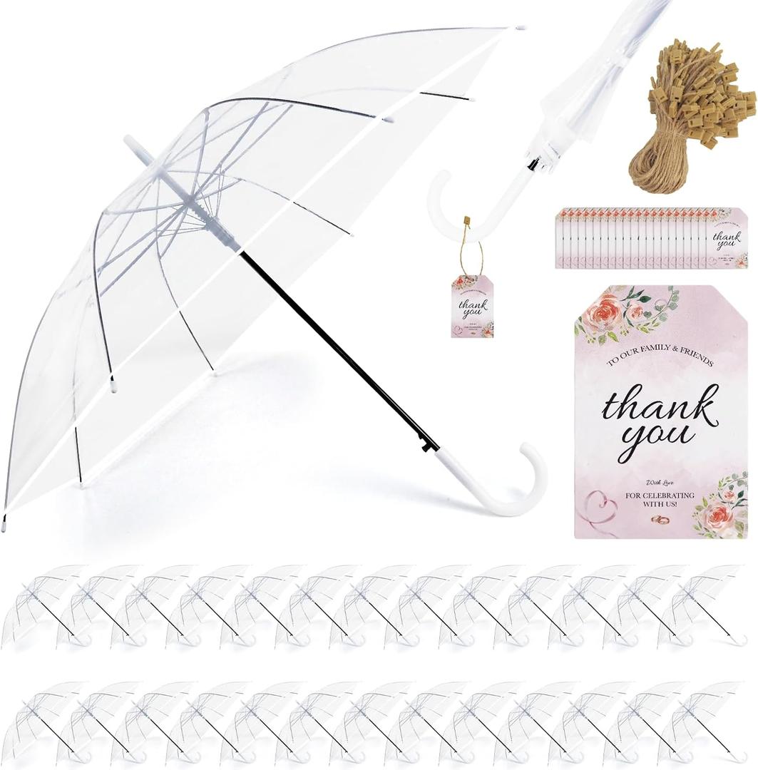 30 Pack Clear Umbrella Wedding, Auto Open Transparent Stick Umbrella with White J Hook Handle, Windproof Waterproof Large Canopy Umbrella for Bride Groom Photography Golf Outdoor Events