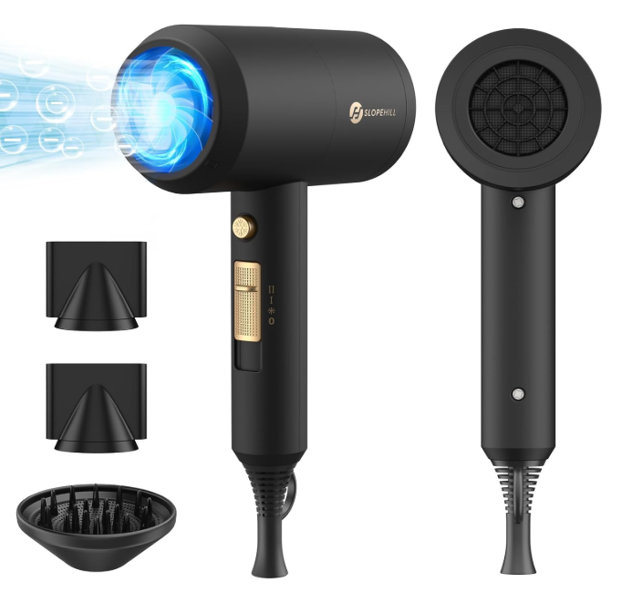 slopehill Professional Ionic Hair Dryer, Powerful 1800W Fast Drying Low Noise Blow Dryer with 2 Concentrator Nozzle 1 Diffuser Attachments for Home Salon Travel (Black)