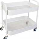 2 Tier Metal Rolling Cart with Wheels for Under Desk Storage & Pantry Storage, High Load-Bearing Kitchen Utility Cart for Small Space, Laundry Room Organization Side Table with 4 Hooks, White