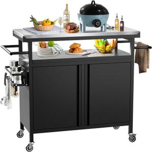 Outdoor Grill Cart Bar Cart with Storage Cabinet for Grilling Accessories（Black）, Cart Table with Cabinet
