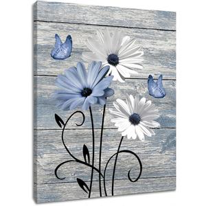 MYUSRE Farmhouse Blue Floral Canvas Wall Art Rustic Wood Daisy Butterfly Framed Wall Art Country Flower Pictures for Living Room Bedroom Bathroom Office Decor Ready to Hang, 16L X 12W Inch