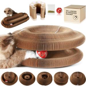Magic Organ Cat Scratcher with Bell Ball and Catnip - Longer, Stretchier Accordion Cardboard Scratching Pad with 4 Strong Magnets - Interactive Kitty Kurlz Cat Toy