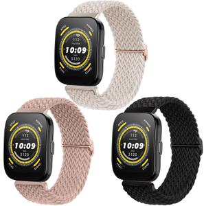 ViCRiOR 3 Pack Braided Stretchy Watch Bands Compatible with Amazfit Bip 6/ Bip 5/ GTR 4/ GTR 3/ 3 Pro/ GTR 2/ 2e/ GTR 47mm, 22mm Solo Loop Elastic Nylon Strap for Amazfit Cheetah Pro/ Balance