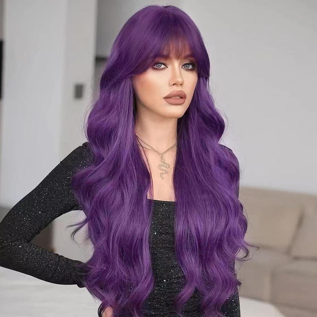 NOSTALGIA Purple Wig with Bangs Long Purple Wavy Wigs for Women 26 Inch Dark Purple Wigs Natural Looking Heat Resistant Synthetic Wig for Daily Party Use