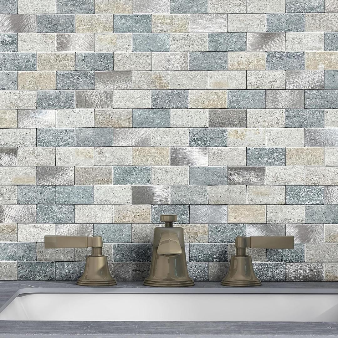 Peel and Stick Brick Backsplash for Kitchen,Back Splash for Bathrooms Walls Tiles Waterproof(10sheets,Blue Gray)