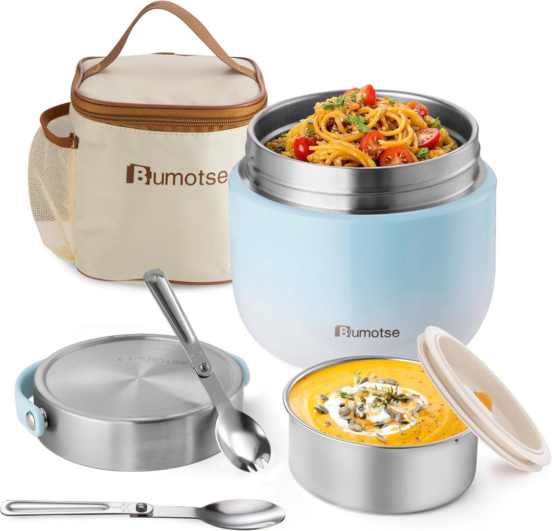 40oz Insulated Food Jar with 2 Compartments, Leak-Proof Thermo for Hot Food Wide Mouth Stainless Steel Includes Spoon and Fork Soup Thermo Lunch Containers Bento Box for Adults (Sky Blue)