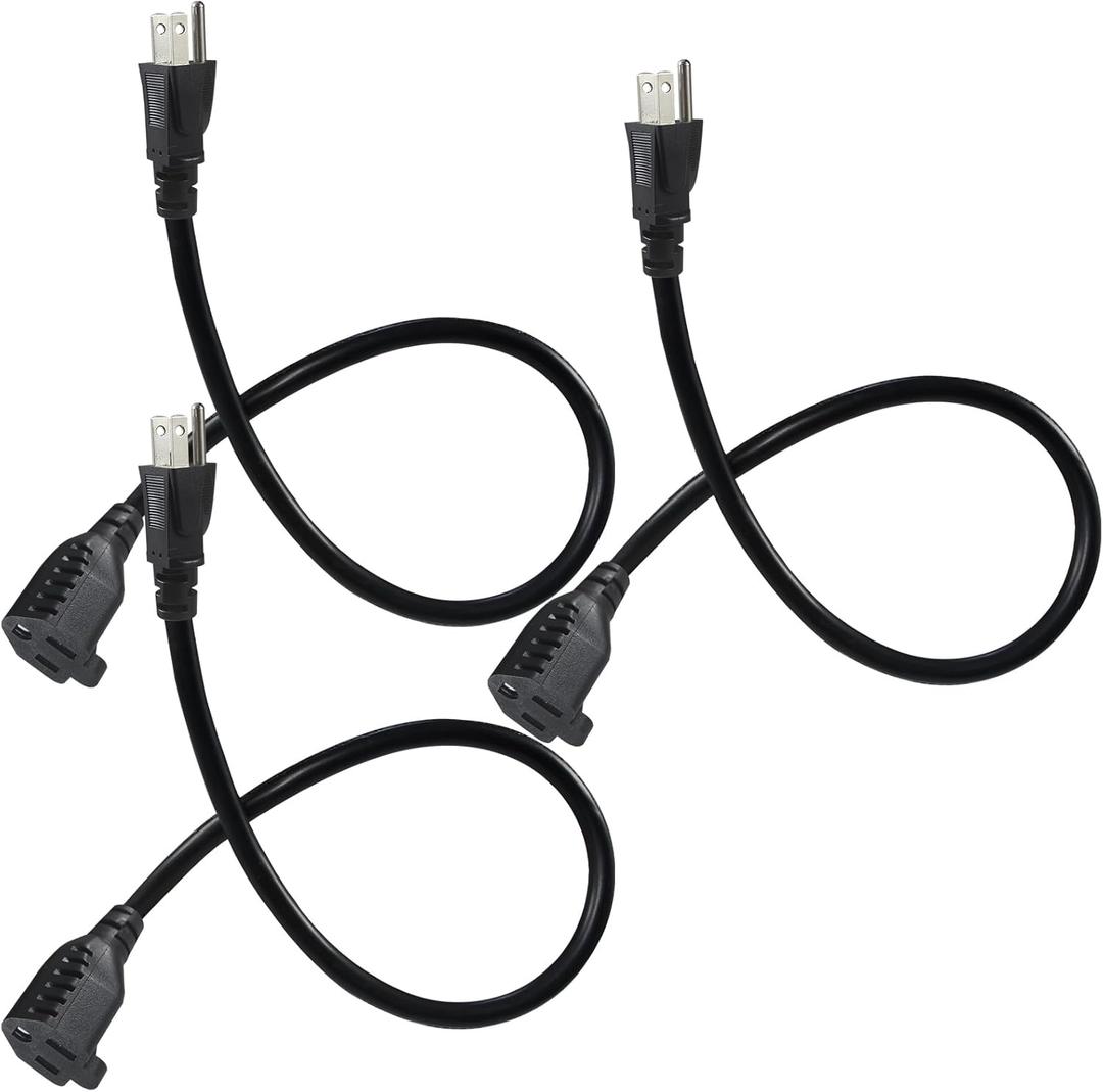 [3 Pack] Black Short Power Extension Cord - 1.5FT 3 Prong Mini Indoor Grounded Extension Cord,16AWG Small Electrical AC Power Cord for Outlet Saver,Rated for 13AMP Home Appliance Extender Cord(3)