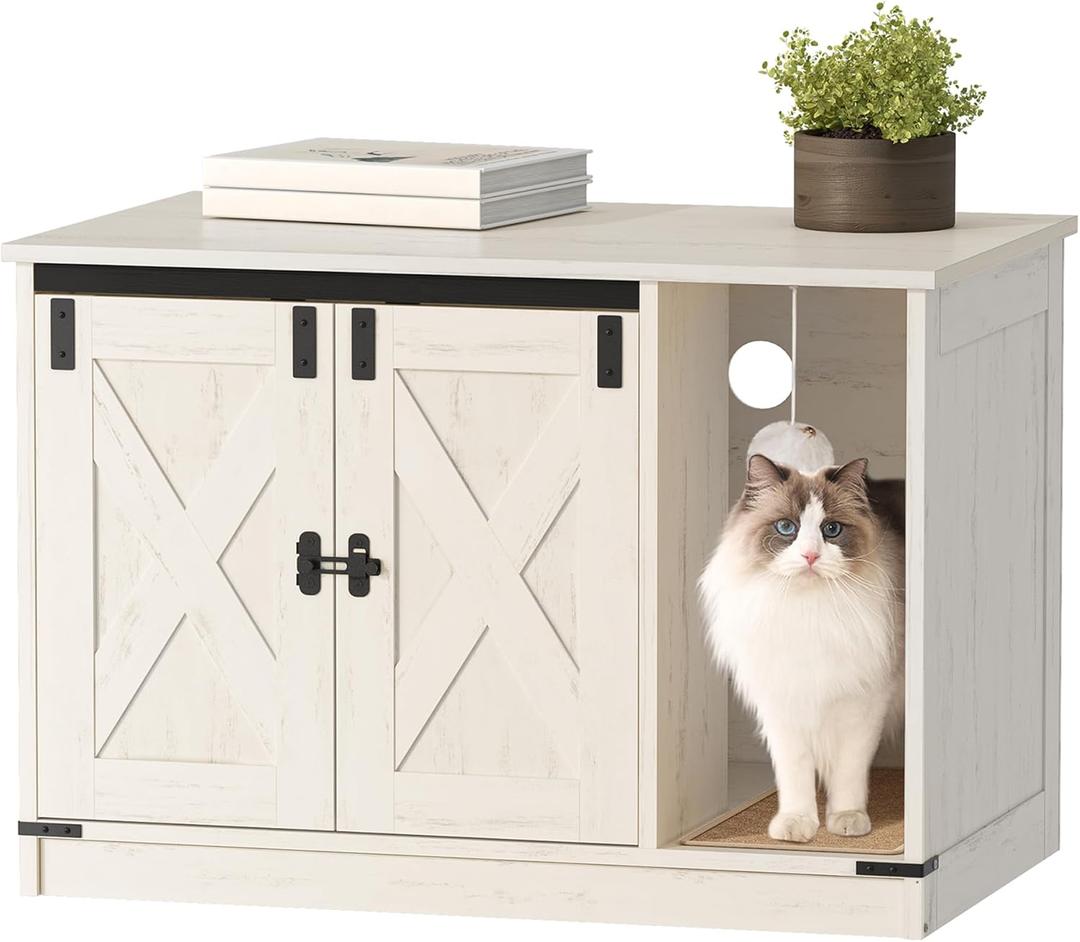 Hzuaneri Cat Litter Box Enclosure, Hidden Litter Box Cabinet Furniture with Bell, Indoor Cats House, Farmhouse Style, 39.4 x 21.7X 24.8 Inches for Hallway, Bedroom, Black CB85204X