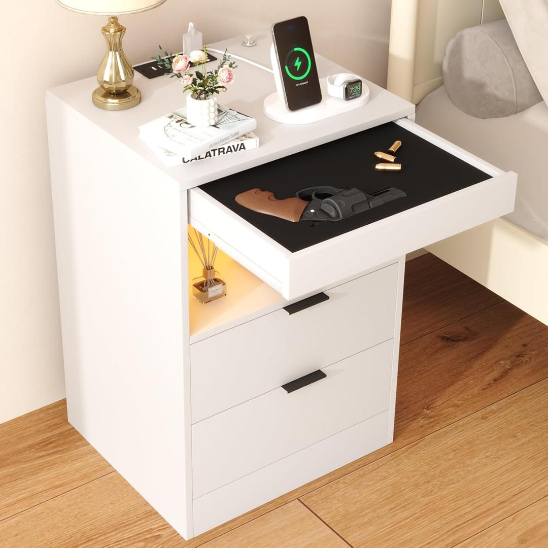 Yusong Night Stand with Gun Drawer & Invisible Lock, Bedside Table, LED Nightstand with Charging Station, Modern Night Stand, Wood Sofa Couch End Side Table with 2 Pull-Out Shelf (White 002), 15.8 inches x 13.8 inches x 23.6 inches