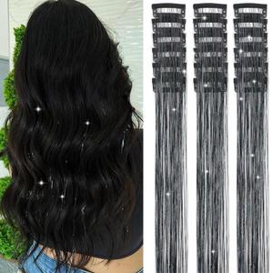 Nineibei Hair Tinsel Clip in Pack of 18 Pcs Glitter Tinsel Hair Extensions 20 Inch Clip in Hair Tinsel Sparkly Fairy Hair Accessories for Girls Women Kids (Black 18Pcs)