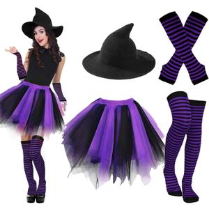 Ibeauti Halloween Witch Costumes for Women Gothic Cosplay Witch Hat Tutu Skirt Striped Knee High Socks Arm Warmers Set (Black Purple)