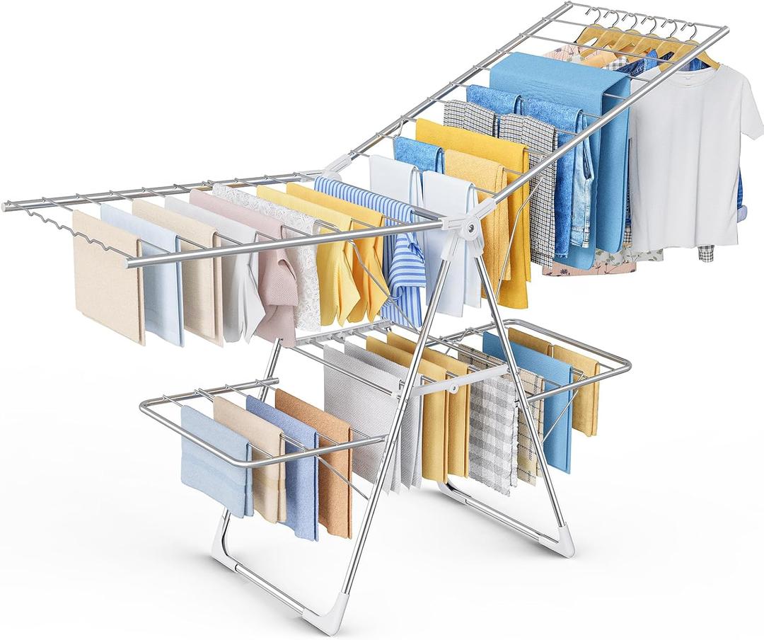 Sakugi Clothes Drying Rack, Foldable 2-Level with 70" Adjustable Wings, X-Large