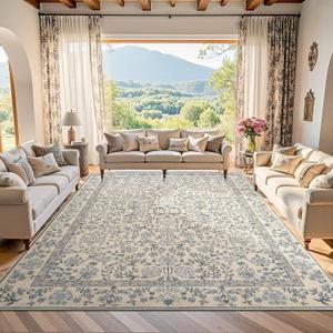jinchan Zenith Floral 8x10 Area Rug Soft Low-Pile Living Room Rug Machine Washable Non-Slip Vintage Botanical Aesthetic Throw Carpet for Dining Room Bedroom Nursery Blue/Cream