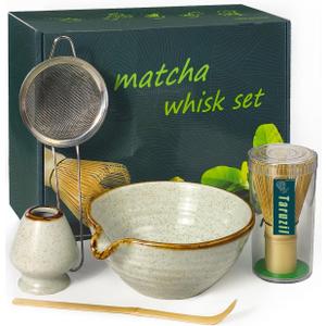 Matcha Whisk Set with Matcha Bowl, Matcha Bamboo Whisk, Scoop, Sifter, Matcha Whisk Holder Unique Gifts for Women Men Girl Friend Home Kitchen Decor Gifts for Christmas, Birthday,Halloween