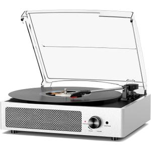 Vinyl Record Player with 2 Stereo Speakers Belt-Driven Vintage Turntables 3 Speed 3 Size Wireless Bluetooth Playback AUX-in RCA Out Headphone LP Vinyl Players Auto Stop Pale Silver