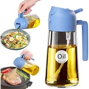 YARRAMATE 16oz/470ml Glass Olive Oil Sprayer for Cooking with Stickers, 2 in 1 Oil Dispenser for Kitchen Gadgets, Food Grade Premium Spray Bottle with Portion Control for Salad, BBQ (Sky Blue)