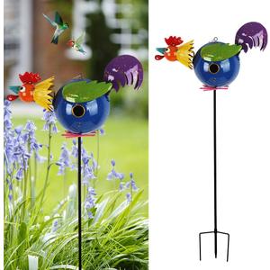 37" Bird Houses for Outside, Outdoor Metal Rooster Birdhouse with Hanging String & Poles for Patio, Yard, Garden