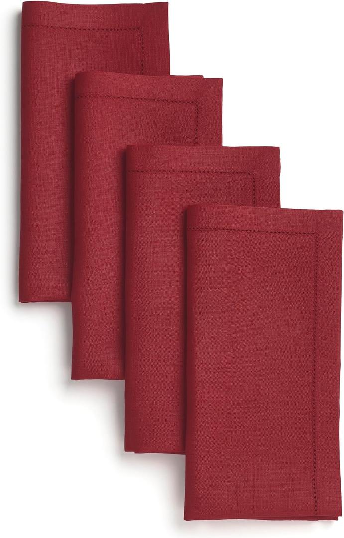 D'Moksha Homes Red Linen Napkins Set of 4 - Classic Hemstitch 100% Pure Linen Hemstitch Dinner Napkins 20 x 20 Inch for Spring - Handcrafted and Machine Washable