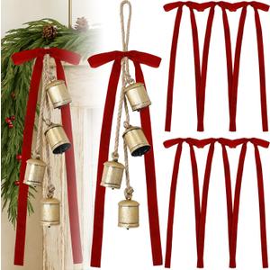 Suncalla 2 Pcs Christmas Cow Bells with 8 Pcs Red Velvet Christmas Bows Vintage Gold Bell Decorations with Velvet Ribbon Bows for Xmas Tree Wall Home Wedding Wreath Garland Staircase Indoor Outdoor