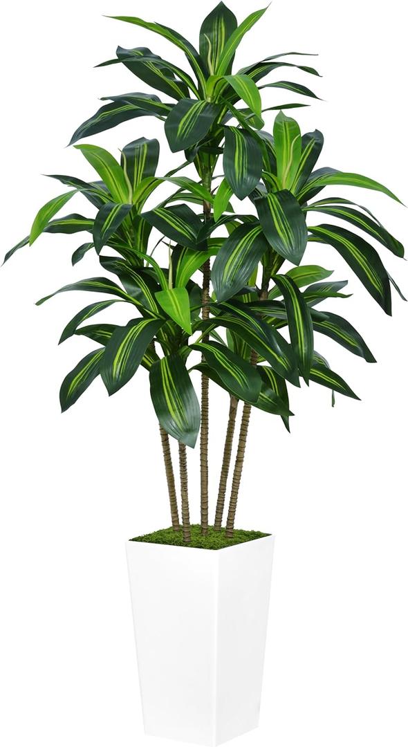 Artificial Dracaena Tree 5FT - Faux Tree with White Tall Planter - Fake Tropical Yucca Floor Plant in Pot - Artificial Silk Tree for Home Office Living Room Decor Indoor