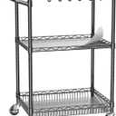 Metal Steel Wire Cart with Wheels, 3 Shelf Rolling Cart, Kitchen Trolley with Handle Bar&Shelf Liner, Commercial Grade Mobile Storage Cart for Kitchen, Living Room, Laundry, Grocery (Small & Black18d X 28w X 37h, 750lb)