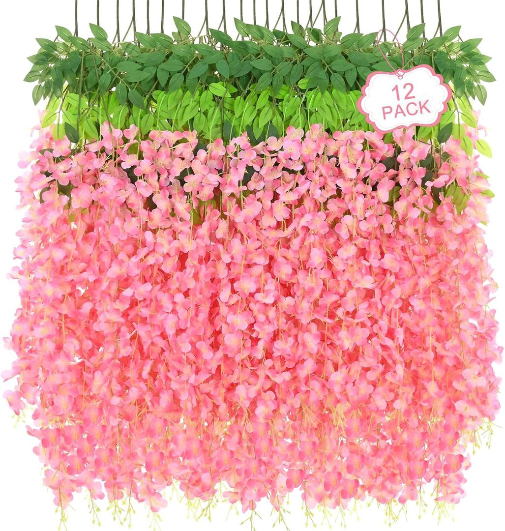 12Pcs Artificial Wisteria Hanging Flowers, 3.6Ft/Pcs Deep Pink Fake Wisteria Garland for Wedding Party Home Garden Indoor Outdoor Decoration