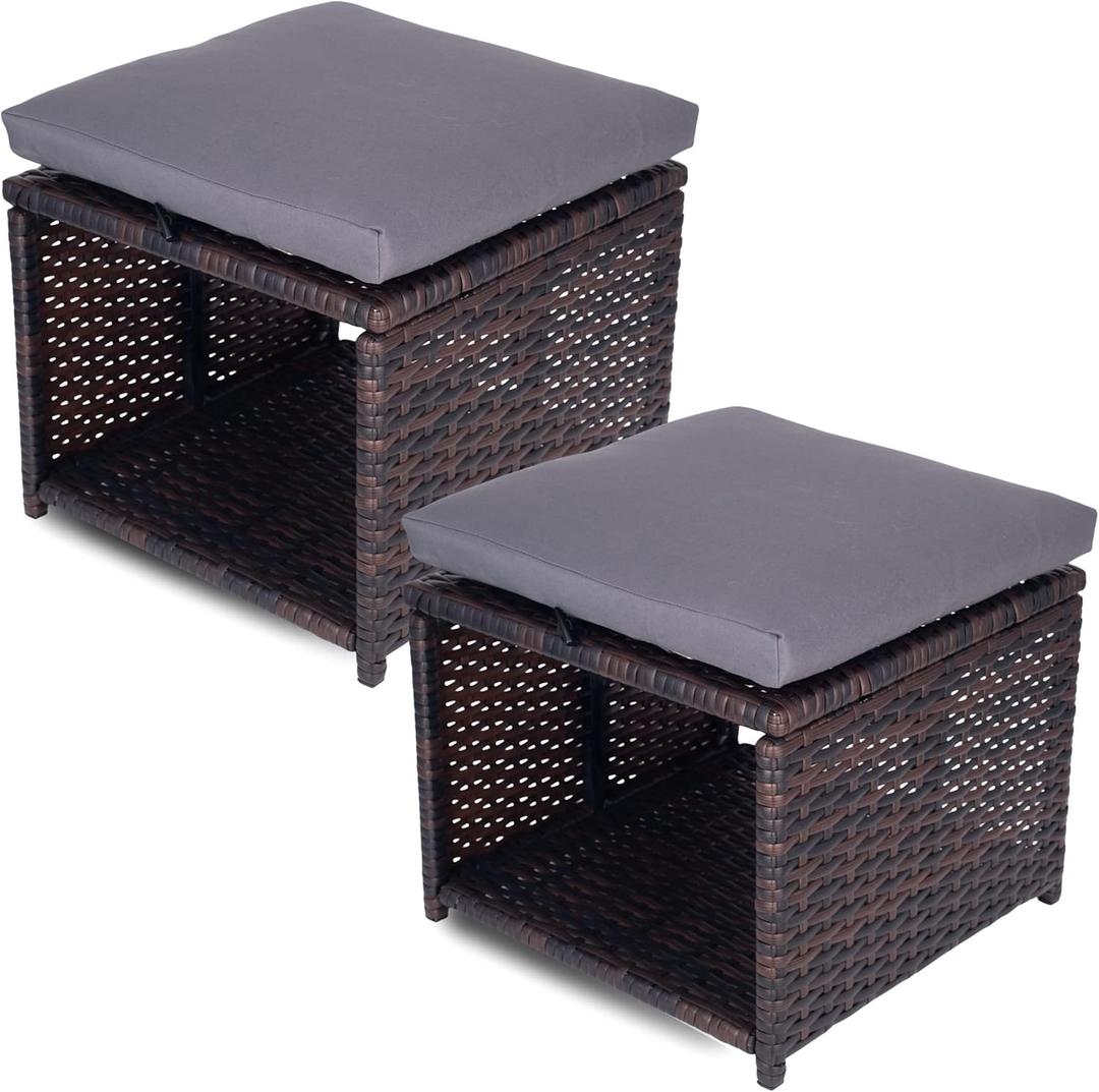 Outdoor Storage Ottoman (Set of 2) - All-Weather Wicker Patio Footstool with Washable Cushions - Sturdy Rattan Foot Rest & Hidden Box for Deck, Porch, Backyard & Balcony, Large