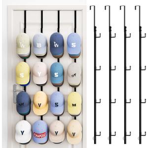 SWTYMIKI Over Door Hat Rack - 4 Packs Metal Hanging Hat Organizer with 16 Hooks Design, Baseball Cap Hanger Organizer Storage Holds up to 80 Caps for Door, Bedroom, Closet (black)
