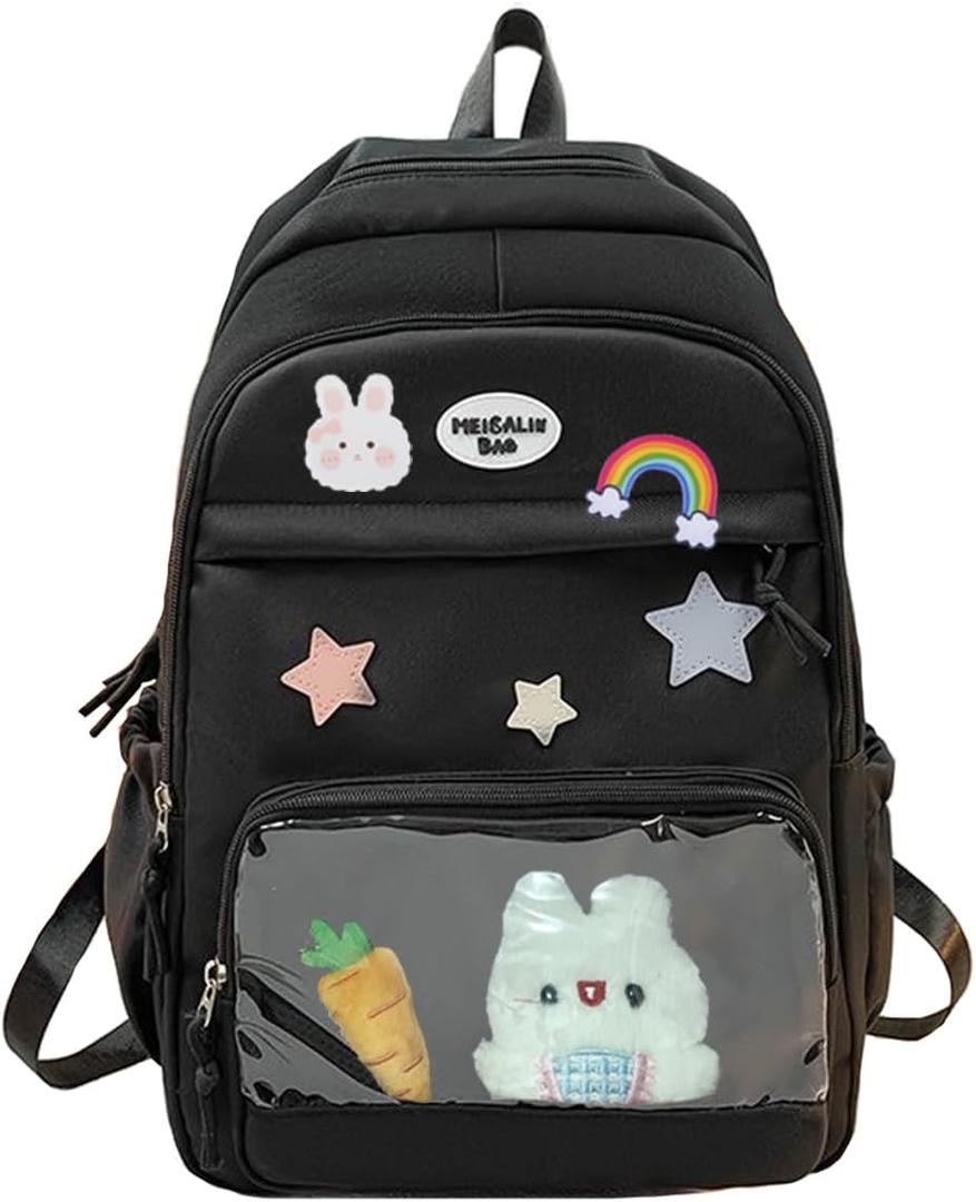 Preppy Backpack with Cute Rabbit & Carrot Plushies Cute Pin Accessories Y2K Aesthetic Backpack Laptop Backpack (Black)